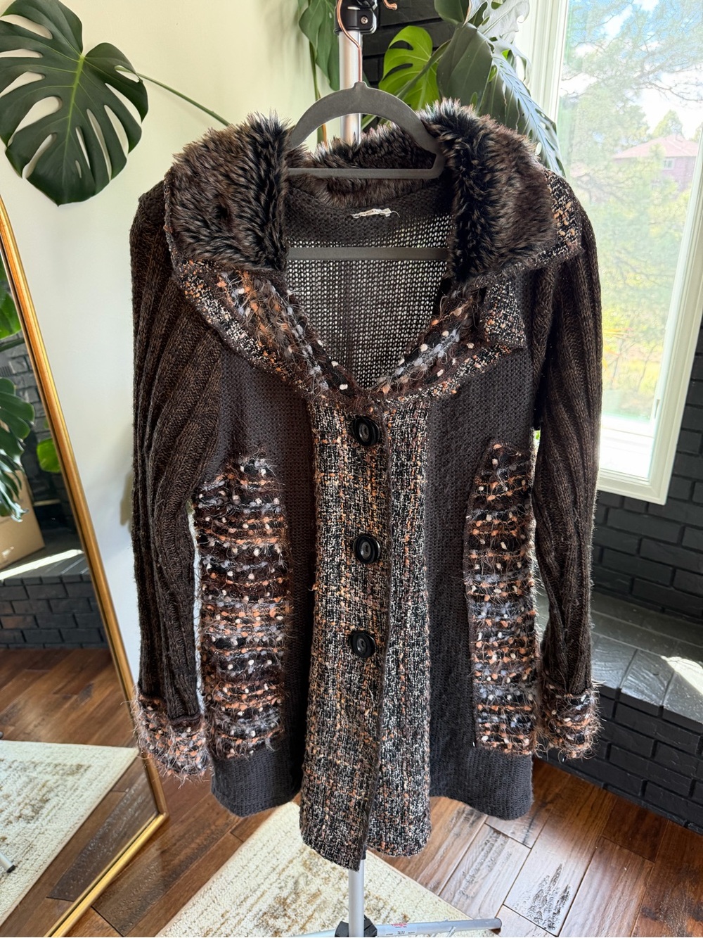 Sioni Brown Knit Cardigan with Faux Fur Collar and Tweed Panels